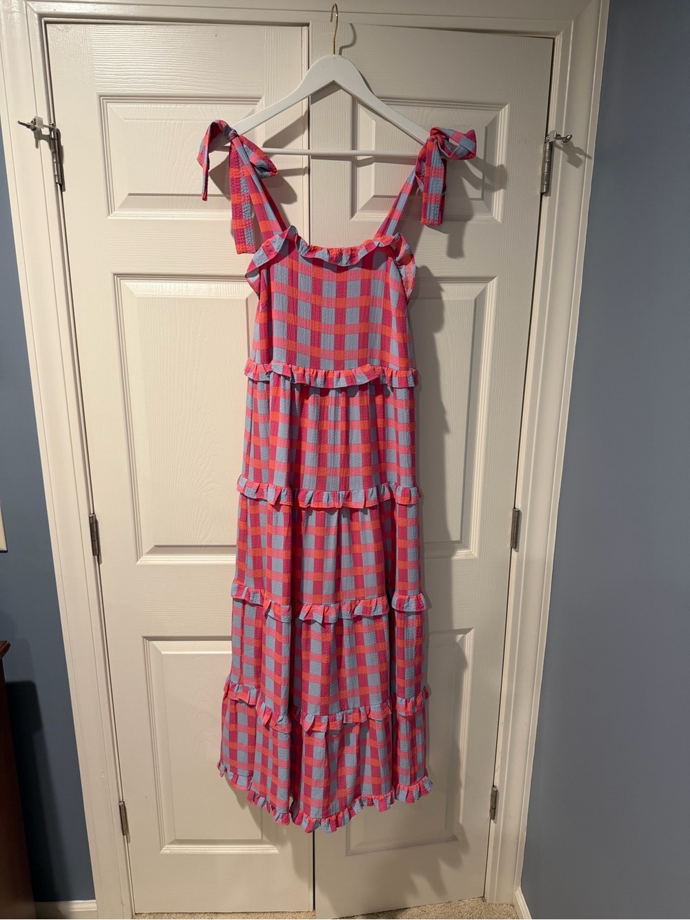 Buddy Love Pink and Blue Gingham Tiered Tie-Shoulder Sundress